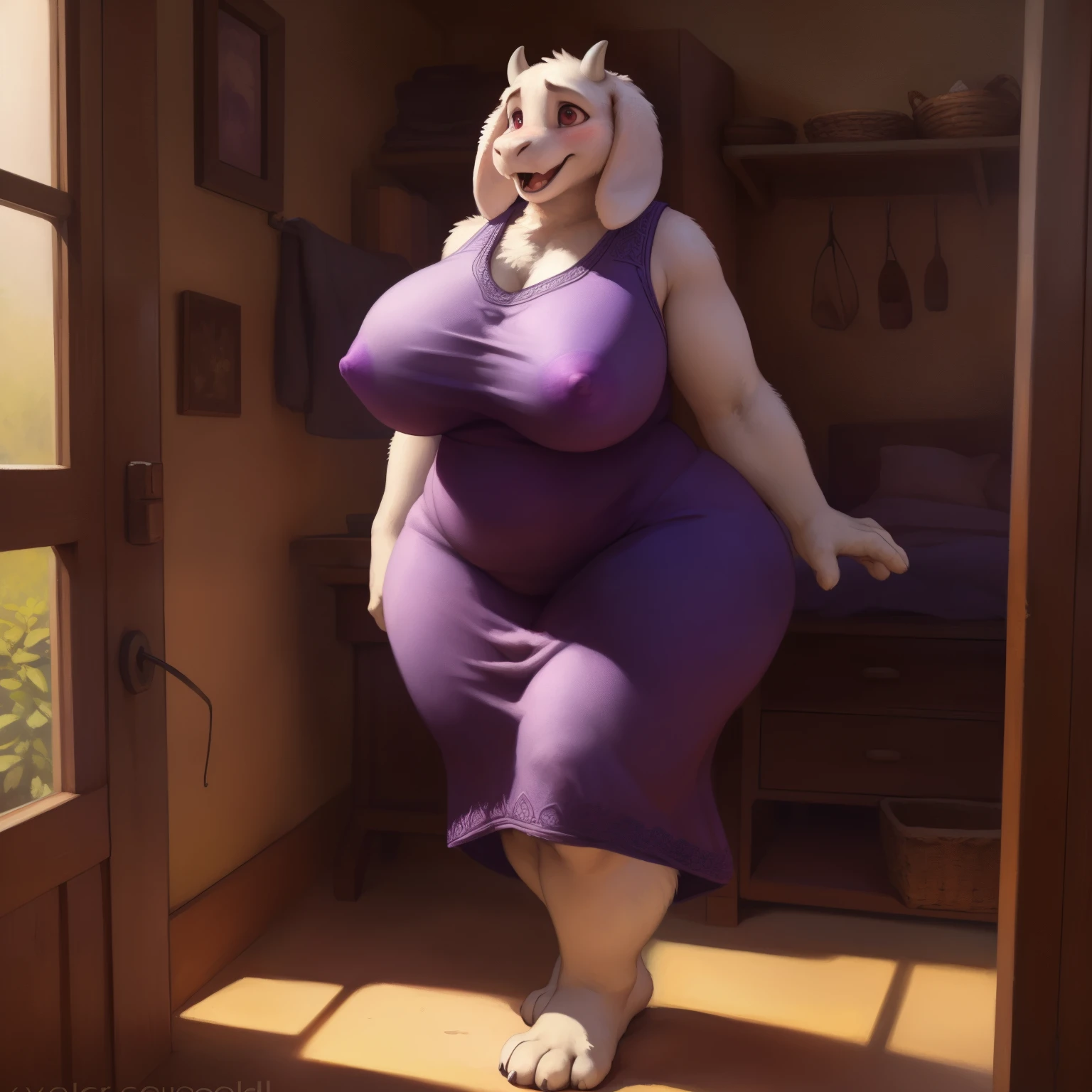 [toriel], [Undertale], [Uploaded to e621.net; (Pixelsketcher), (wamudraws), (woolrool)], ((masterpiece)), ((HD)), ((high quality)), ((solo portrait)), ((feet visible)), ((furry; anthro)), ((detailed fur)), ((detailed shading)), ((beautiful render art)), ((intricate details)), beautiful, (cute),  mature, {anthro goat; white fur, white nose, (cute maroon eyes), (short eyelashes), (short horn), short fluffy tail, (big booty), (gorgeous wide hips), (thick thighs), (kenket), (showing ass), (open mouth, blush), (surprise), (frown)}, {(big tits, big breasts, big boobs), (dress, purple dress:1.2), (big butt), (white rune on chest)}, {(standing)), (free hands), (looking at viewer)}, [background; (in her room), (see through dress), (ambient lighting)], (big ass), (wide hips), (thong covered by dress), (nipple outlines under clothing), thong, (thick thighs), 
