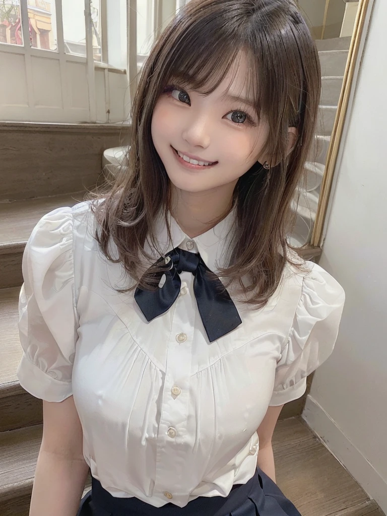(highest quality、masterpiece:1.2)、highest quality、Realistic、photograph、High resolution、1080p、8k、Fair skin, Especially the face, Physical Rendering、((height: 155cm)), One Japanese girl、((((((A beautiful 16-year-old Japanese magazine fashion model stares out at the viewer)))))), School summer clothes, (((large highly detailed beautiful dark brown eyes))), ((((A striking plain navy large school ribbon bow tie)))), ((((Black, very beautiful, very long, straight hair)))), ((((Light grey box pleated skirt)))), ((Yellow-ivory blouse with puffy short sleeves and ruffles)), (((((((Looking at me with a cute smile!))))))), Detailed fingers, (((Curled bangs))), ((とても大きくてcute目, Carefully drawn with meticulous attention to detail)), ((double eyelid)), (((Long eyelashes))), ((cute、Adorable、Adorable、laughing、laughing頬)), ((Pure white light hits her face from above and in the front., Makes her skin and eyes look beautiful and radiant.)), ((Strong light hitting nose and cheeks、Bring out the richness of expression.)), ((スカートはとてもcuteです)), (((((彼女の顔の特徴は非常に表情豊かでAdorable笑顔です, すごくcute, Very very clever.))))), (((Shooting from the side))), ((Luxury palace staircase))