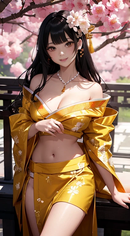 The background is a world of white flowers、Best Quality, masutepiece, High resolution, (((1lady))), sixteen years old,Glowing red eyes、((Bright golden kimono:1.3)), Tindall Effect, Realistic, Shadow Studio, Red lighting, dual-tone lighting, (High Detail Skins: 1.2) Digital SLR, Photo, High resolution, 4K, 8K,,Fade out beautifully、Off the shoulder、cleavage,cleavage cutout、(midriff peek:1.5)、Long straight black hair、Flower kanzashi、(Open your mouth)、Pink Lips、smile、Large Breasts、nipple slip from kimono、Pearl Necklace、Glowing Skin