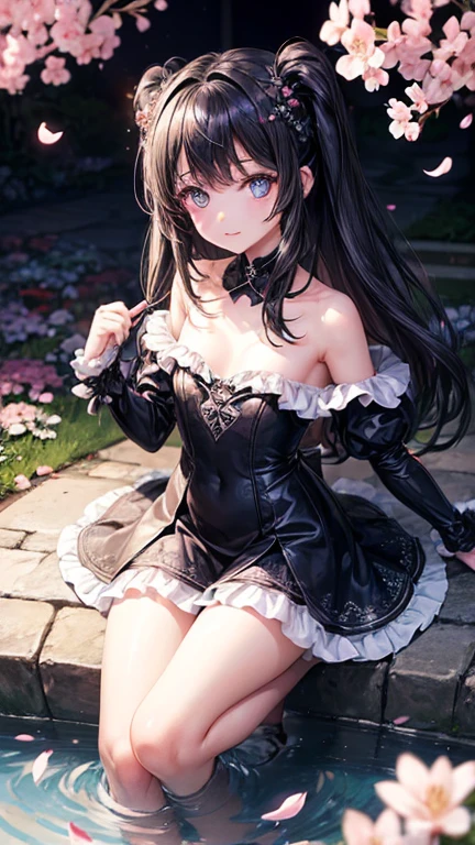 (little girl:1.5),Spitze,Schleife,(Meisterwerk, Seitenbeleuchtung, fein detaillierte nicee graue Augen: 1.2), mittlere Brust, realistisch, Glowing eyes,shiny hair,schwarzes Haar,lange lange Haare, shiny skin, Allein, verlegen,Strapless,exquisit,nice,garden,Blumen,flying petals, bare legs, Cherry Blossom, Filmisches Licht, Filmkomposition, abundant expressions