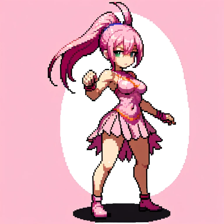 (masterpiece, top quality, best quality), pixel,pixel art,1girl,pink short dress,pink bandana,pink hair horsetail,bosom,punch power,full body,