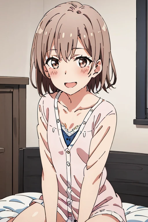 ((highest quality)), ((masterpiece)), (be familiar with), Perfect Face, indoor, Bedroom, Watching the audience,
One woman, Yuigahama Yui,
Open Mouth, Ecstatic expression, blush, smile,
Small breasts, Flat Chest, Young Girl, , , Girl,
Short Hair, Salmon-colored hair, Salmon-colored eyes, Side Pony,
Leg spread,