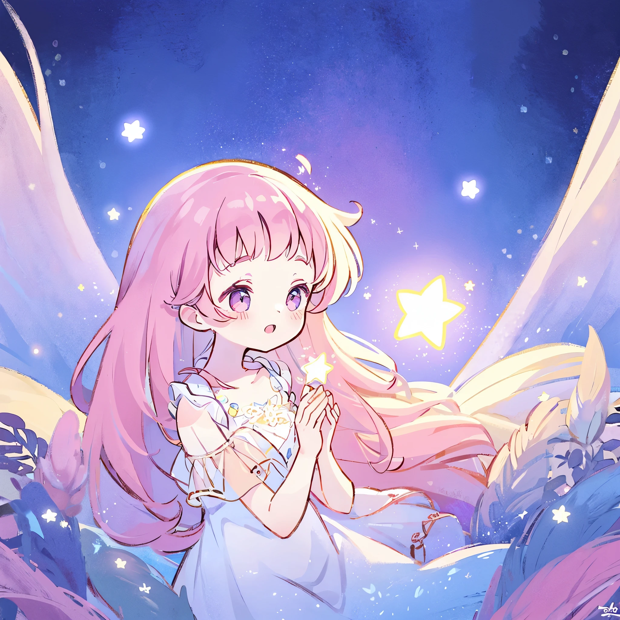 complex background, wishing star background, a woman wearing an ethereal mystical pink translucent dress that reflects the stars, perfume promo art, mystic, complex drawing, highly detailed, Covergirl brand, promo art, artistic rendition, ethereal, starry night, midjourney style