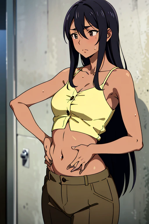 (masterpiece, top quality, best quality), brown skin anime girl wearing a button up cami top and trousers, famished in hunger, (gently resting hands on stomach), (sweating), (long hair), (hands on her stomach)