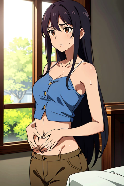 (masterpiece, top quality, best quality), brown skin anime girl wearing a button up cami top and trousers, famished in hunger, (gently resting hands on stomach), (sweating), (long hair), (hands on her stomach)