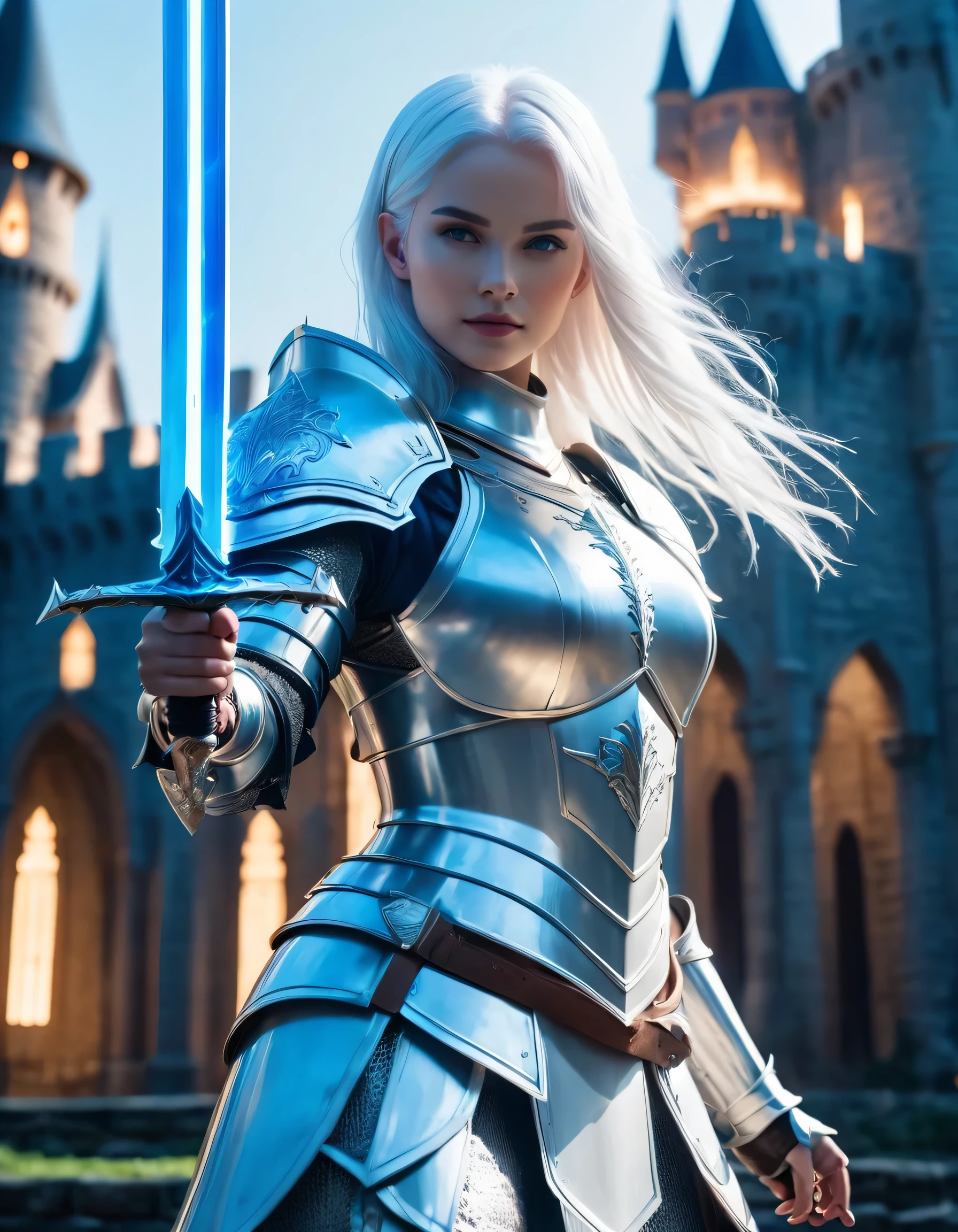 Cinematic shot of a female knight wearing a white armor, beautiful super white hair, neon blue glowing eays, holding blue glowing sword, sword pointing straight up in middle, fantasy castle in background, reflective light, HKStyle, HD, masterpiece, best quality, hyper detailed, ultra detailed, super realistic