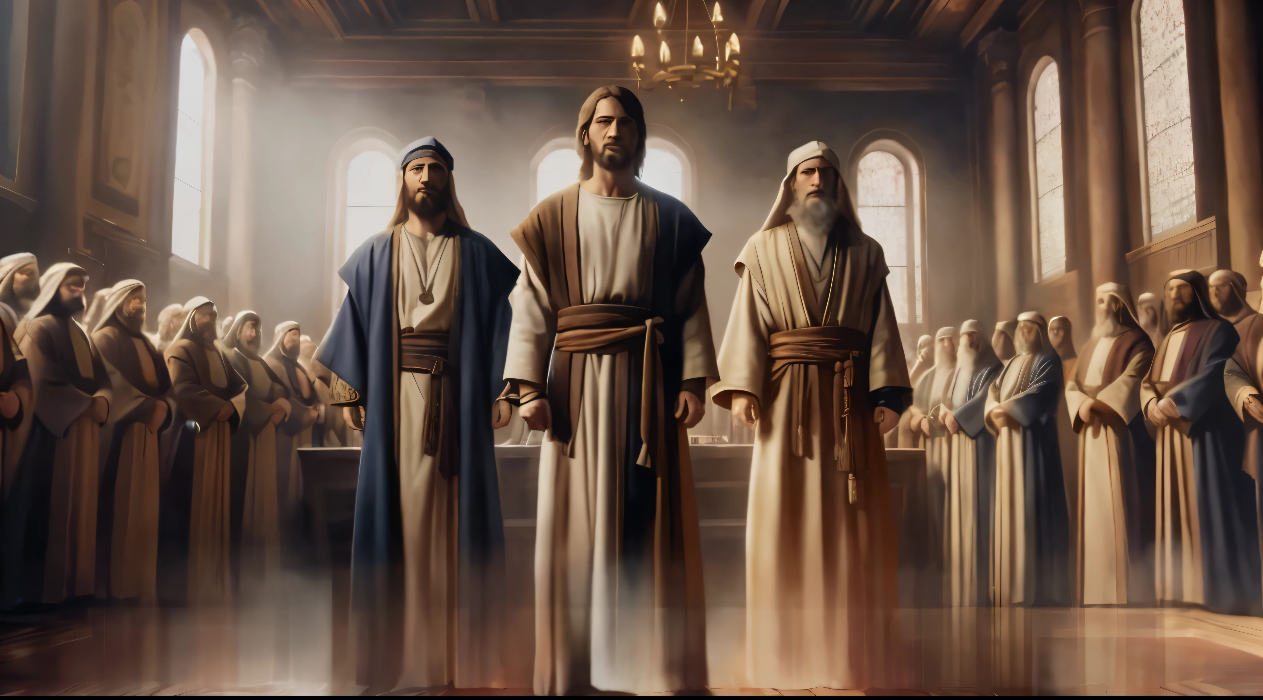 imagem borrada de Jesus parado em uma sala grande com um grupo de pessoas, reis antigos em vestes brancas, vestes religiosas, wearing flowing robes, vestindo vestes marrons, Greg Olsen, vestindo vestes, pintura religiosa, biblical clothing, biblical art style, coberto de mantos, bible illustration, Direction: Harrington Mann, vestindo vestes simples, Pintado por Andreas Rocha, biblical painting