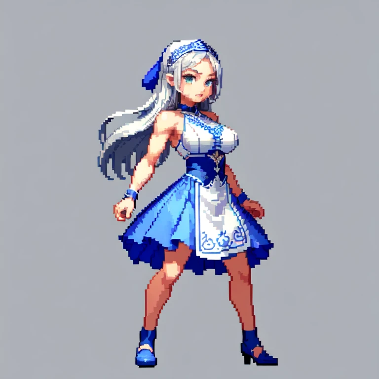 (masterpiece, top quality, best quality), pixel,pixel art,1girl, blue dress,white bandana,silver long hair ,bosom,punch power,full body, 
 
