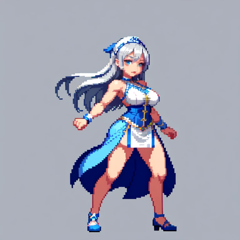 (masterpiece, top quality, best quality), pixel,pixel art,1girl, blue dress,white bandana,silver long hair ,bosom,punch power,full body, 
 