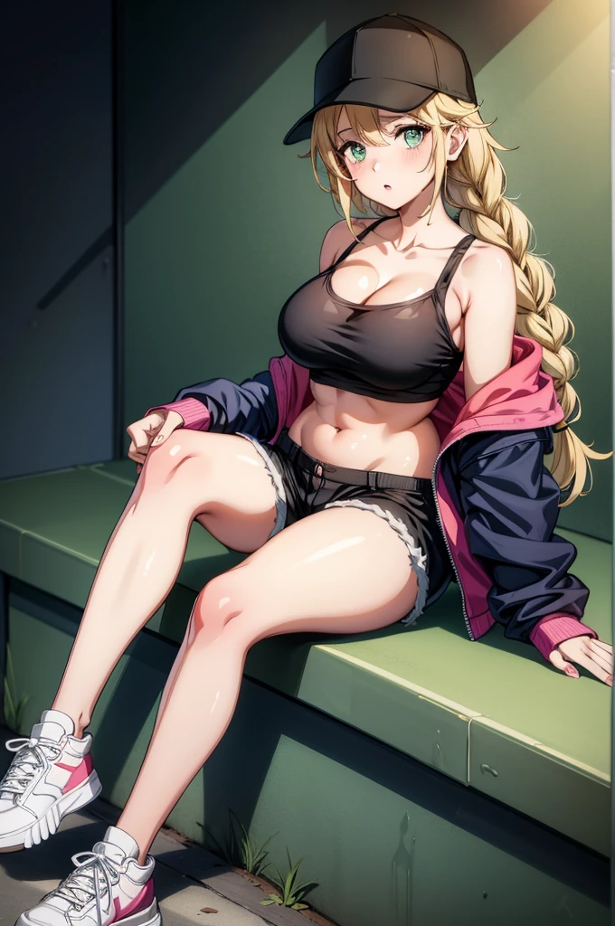 a very sexy anime girl wearing a top that shows cleavage and a baseball hat, 1girl, solo, breasts, hat, shorts, blonde hair, shoes, sitting, jacket, sneakers, large breasts, navel, cleavage, baseball cap, looking at viewer, twin braids, black headwear, green eyes, white footwear, braid, open jacket, open clothes, long hair, collarbone, short shorts, parted lips, off shoulder, crop top, black shorts, hair ornament, blush, thighs, bare shoulders