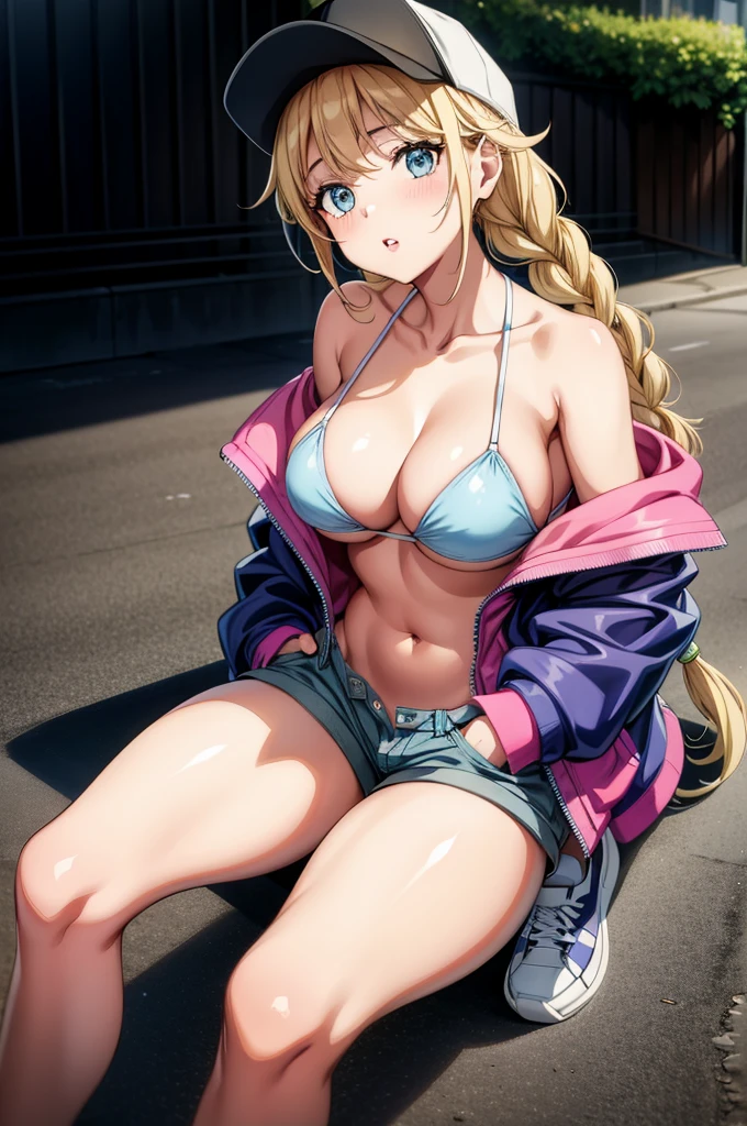 a woman in underwear sitting on ground with her legs spread and hands in her pocket, 1girl, solo, breasts, hat, blonde hair, jacket, braid, baseball cap, sitting, blue eyes, large breasts, twin braids, cleavage, shoes, off shoulder, looking at viewer, long hair, parted lips, navel, collarbone, open clothes, open jacket, shorts, black headwear, sneakers, blush, bikini, white footwear, swimsuit, yellow jacket