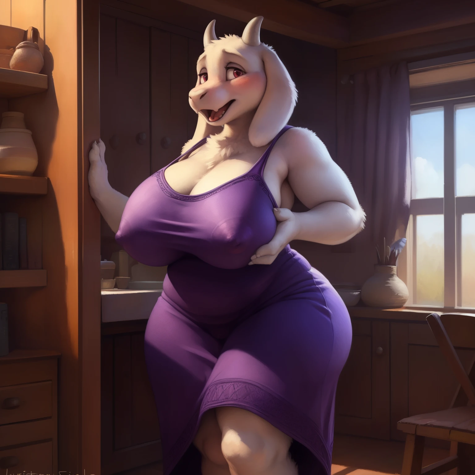 [toriel], [Undertale], [Uploaded to e621.net; (Pixelsketcher), (wamudraws), (woolrool)], ((masterpiece)), ((HD)), ((high quality)), ((solo portrait)), ((feet visible)), ((furry; anthro)), ((detailed fur)), ((detailed shading)), ((beautiful render art)), ((intricate details)), beautiful, (cute),  mature, {anthro goat; white fur, white nose, (cute maroon eyes), (short eyelashes), (short horn), short fluffy tail, (big booty), (gorgeous wide hips), (thick thighs), (kenket), (showing ass), (open mouth, blush), (surprise), (frown)}, {(big tits, big breasts, big boobs), (dress, purple dress:1.2), (big butt), (white rune on chest)}, {(standing)), (free hands), (showing tight dress hugging ass), (looking at viewer)}, [background; (in her room), (nipple outlines under dress), (ambient lighting)], (big ass), (wide hips), (thong covered by dress), (thick thighs),  
