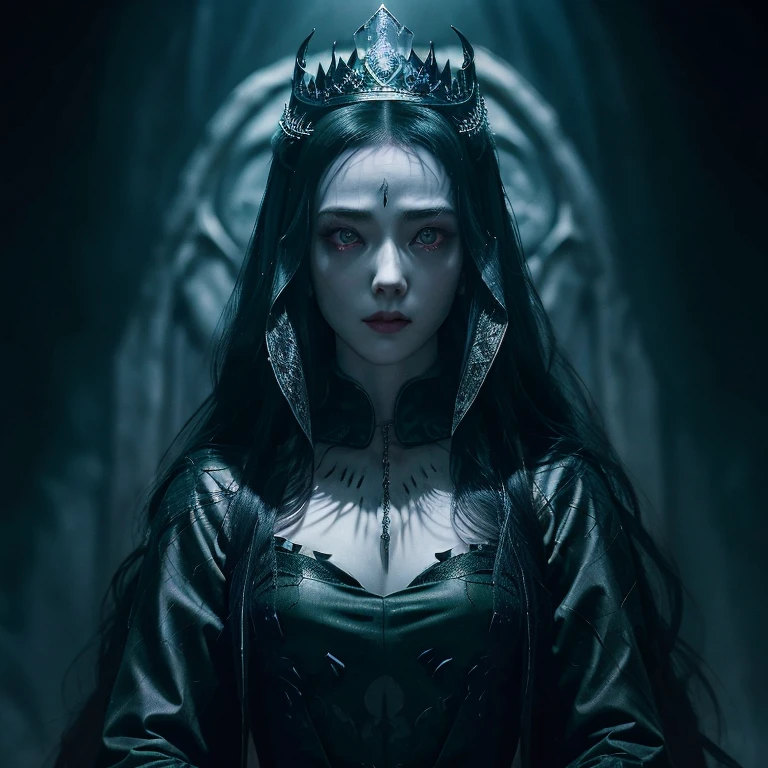 (best quality, high resolution, ultra-detailed), close up of A scary korean women, evil queen, devil Queen, villian aura, full body, pale skin, (long dark hair) and crazy, (((blue and green dark eyes))), ((death eyes)), (heterochromy) dark and mysterious appearance, iron nails,(( black hair)) gothic aura, evil smile, powerfull presence, dark shadow, pale skin, frighteningly beautiful, frightening atmosphere, penetrating gauze, intense expression, shrouded in shadows, threatening aura, dressed in black medieval dress, Tudor fashion, Tudor dress, Queen dress, ((no crown on her head)), cold as ice, ((cold gaze)) frightening vibration, sinister presence, mystical background , distorted creativity, frighteningly elegant, mesmerizing presence, enchanted darkness, sinister vibration, devilish charm, fierce and powerful, ethereal beauty, , intoxicating allure, magical aura, imposing presence, medieval villian vibe, momzzang, ((20 years)) ((young and beautiful))