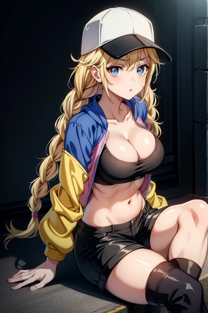 a female anime character in a jacket, hat, and shorts with big breasts, 1girl, solo, breasts, long hair, hat, blonde hair, blue eyes, shorts, braid, baseball cap, cleavage, sitting, shoes, navel, twin braids, jacket, looking at viewer, large breasts, sneakers, off shoulder, hair ornament, bare shoulders, hairclip, collarbone, black headwear, black shorts, midriff, open clothes, crop top, white footwear, open jacket