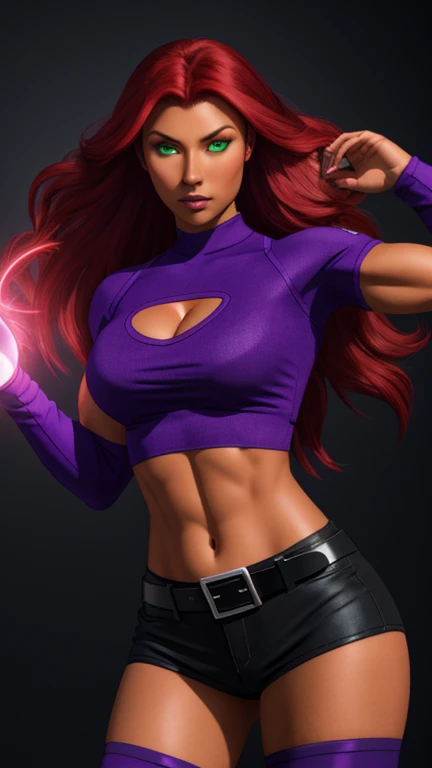 Photorealistic, Ultra realistic, 16k, high quality, cinematic lights, dream atmosphere, dream aesthetic, 1girl, red-scarlet hair, StarfireDC, glowing green eyes, long flowing hair(red), tanned skin illuminated, realistic textured skin, realistic shading, glowing eyes tan skin, cleavage, large natural breasts, (purple crop top:1.2), bare shoulders, midriff, purple miniskirt, purple thighhighs, realistic textures, belt, 8k, detailed face and eyes, muscular female body, strong arms, lean belly, strong hips, muscular thighs, thick legs, full body, realistic, flying through the air, glowing balls of energy in her hands, style-paintmagic, different positions at different types of angles. 