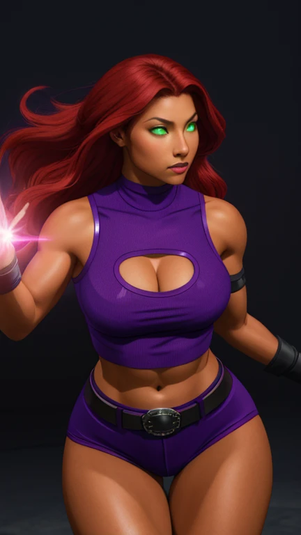 Photorealistic, Ultra realistic, 16k, high quality, cinematic lights, dream atmosphere, dream aesthetic, 1girl, red-scarlet hair, StarfireDC, glowing green eyes, long flowing hair(red), tanned skin illuminated, realistic textured skin, realistic shading, glowing eyes tan skin, cleavage, large natural breasts, (purple crop top:1.2), bare shoulders, midriff, purple miniskirt, purple thighhighs, realistic textures, belt, 8k, detailed face and eyes, muscular female body, strong arms, lean belly, strong hips, muscular thighs, thick legs, full body, realistic, flying through the air, glowing balls of energy in her hands, style-paintmagic, different positions at different types of angles.