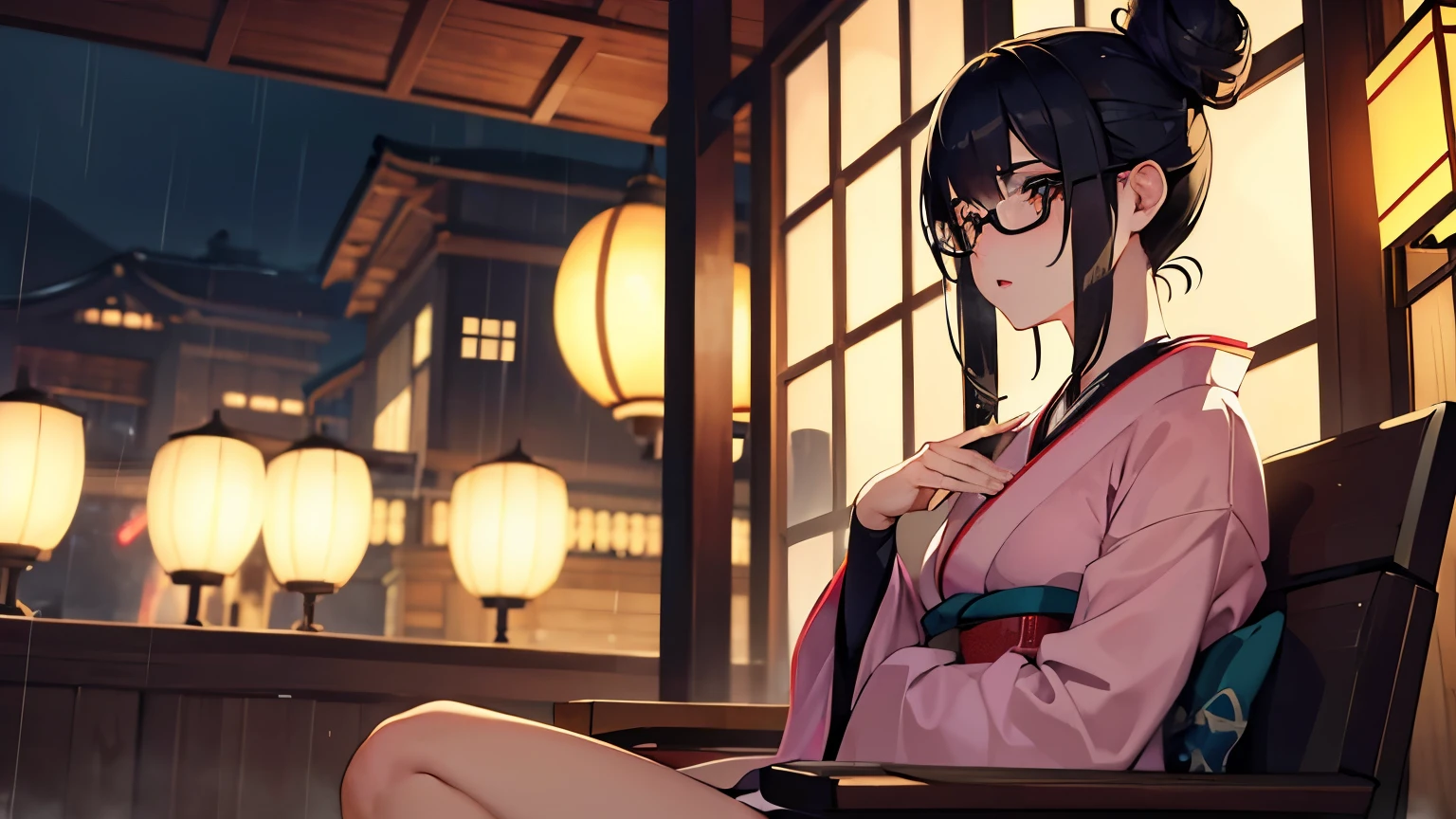 (1girl:1.3), Masterpiece, Best quality, amazing beauty, [[3D]], 4K, absurdres, finely detail, super detailed eye, perfect anatomy, official art, A beautiful girl looking into the distance in a traditional Japanese cafe, Warm lighting, Wearing a kimono, A kimono with a vividly colored pattern, Outside, the rain is falling quietly, Japanese anime style, hair bun, black hair, super shiny detailed black eye, pale skin, detailed skin, evening,Glasses,　Sitting in a chair, Shooting the whole picture from a distance, Dark Eyes, Relaxed atmosphere, Lo-fi, Hands are down