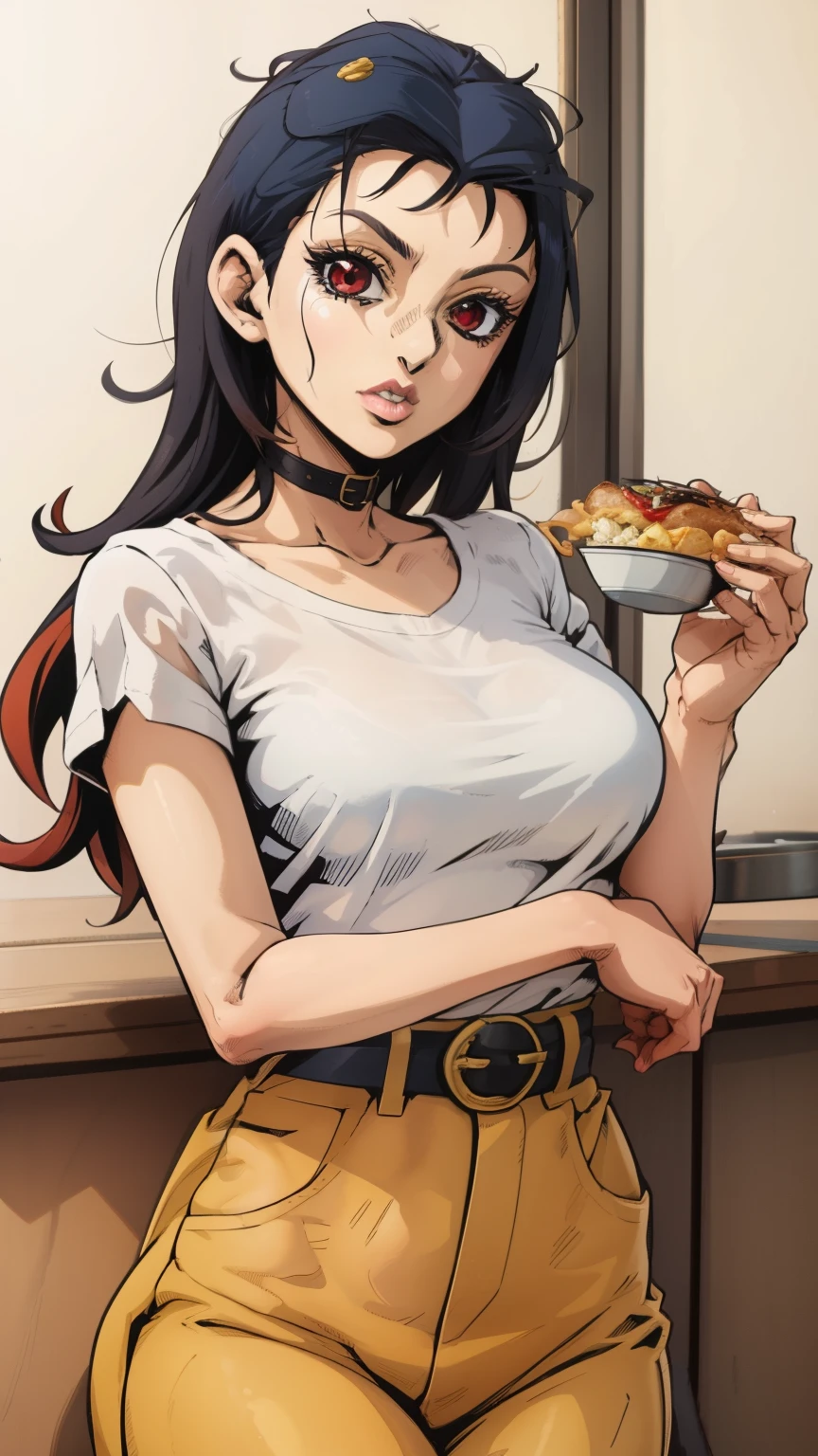 Highly detailed, High Quality, Masterpiece, beautiful, solo, 1girl, nevin, red eyes, white shirt, food, simple background, elbows on table, cup, blurry background, indoors, upper body, in Jojo_part5 style