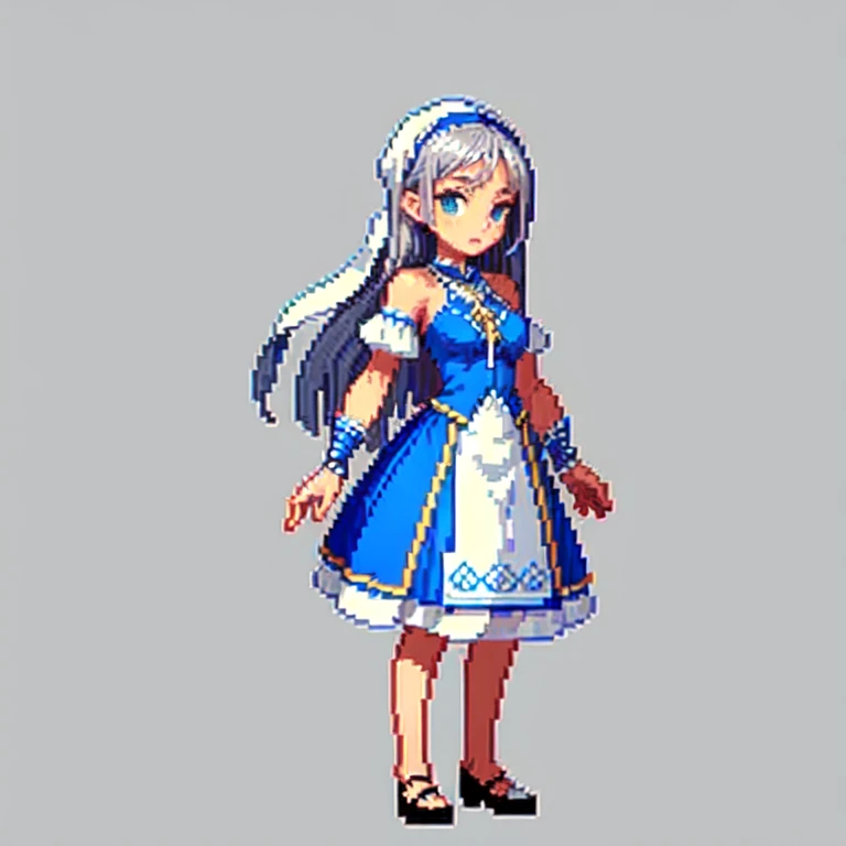(masterpiece, top quality, best quality), pixel,pixel art,1girl, blue dress,white bandana,silver long hair, full body,