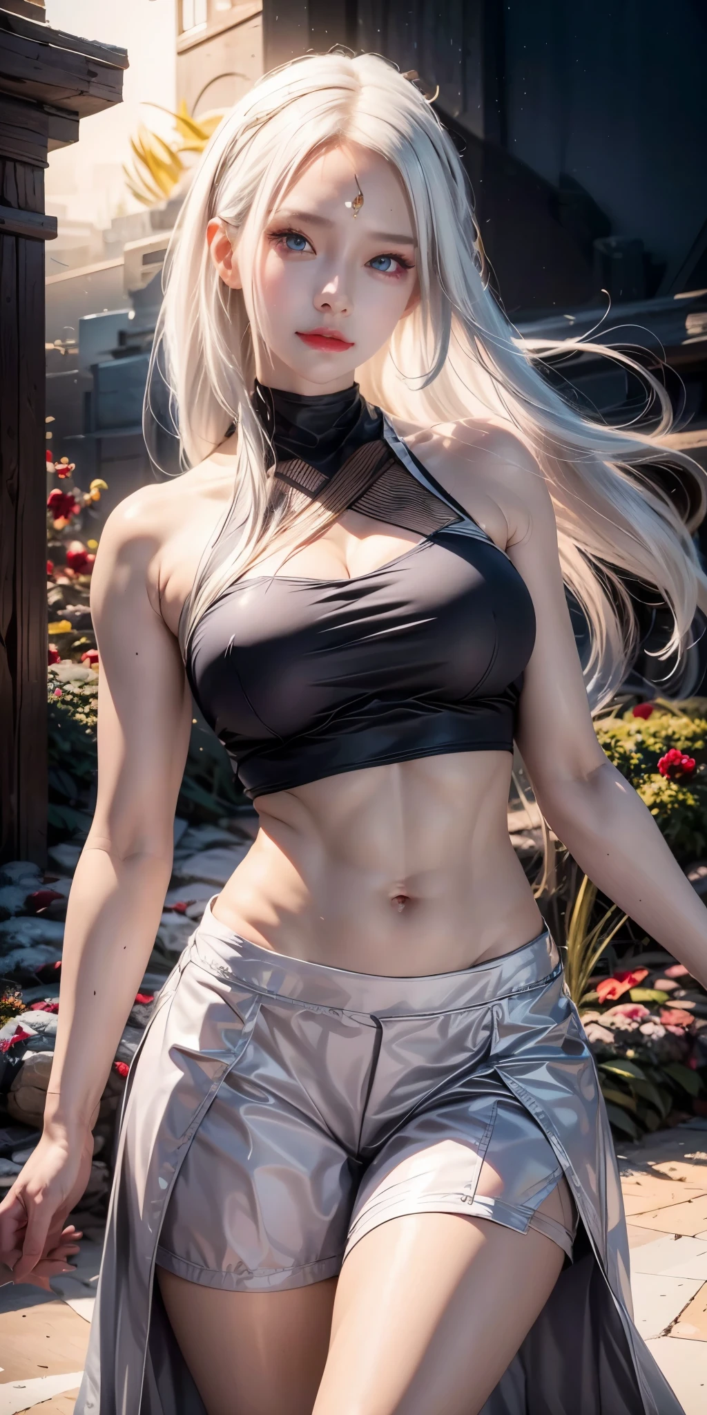 realistic, 1 women, best quality, 12k, HD, long hair, big round breasts, cleavage, ponytail, necklace, jewelry, shorts, short jacket, slim hips, hair tie, yellow eyes, black hair, super detailed, Eye details, hair details, person details, mouth details, face details, breast details, clothes details, hair details, pants details, hand details, whole body