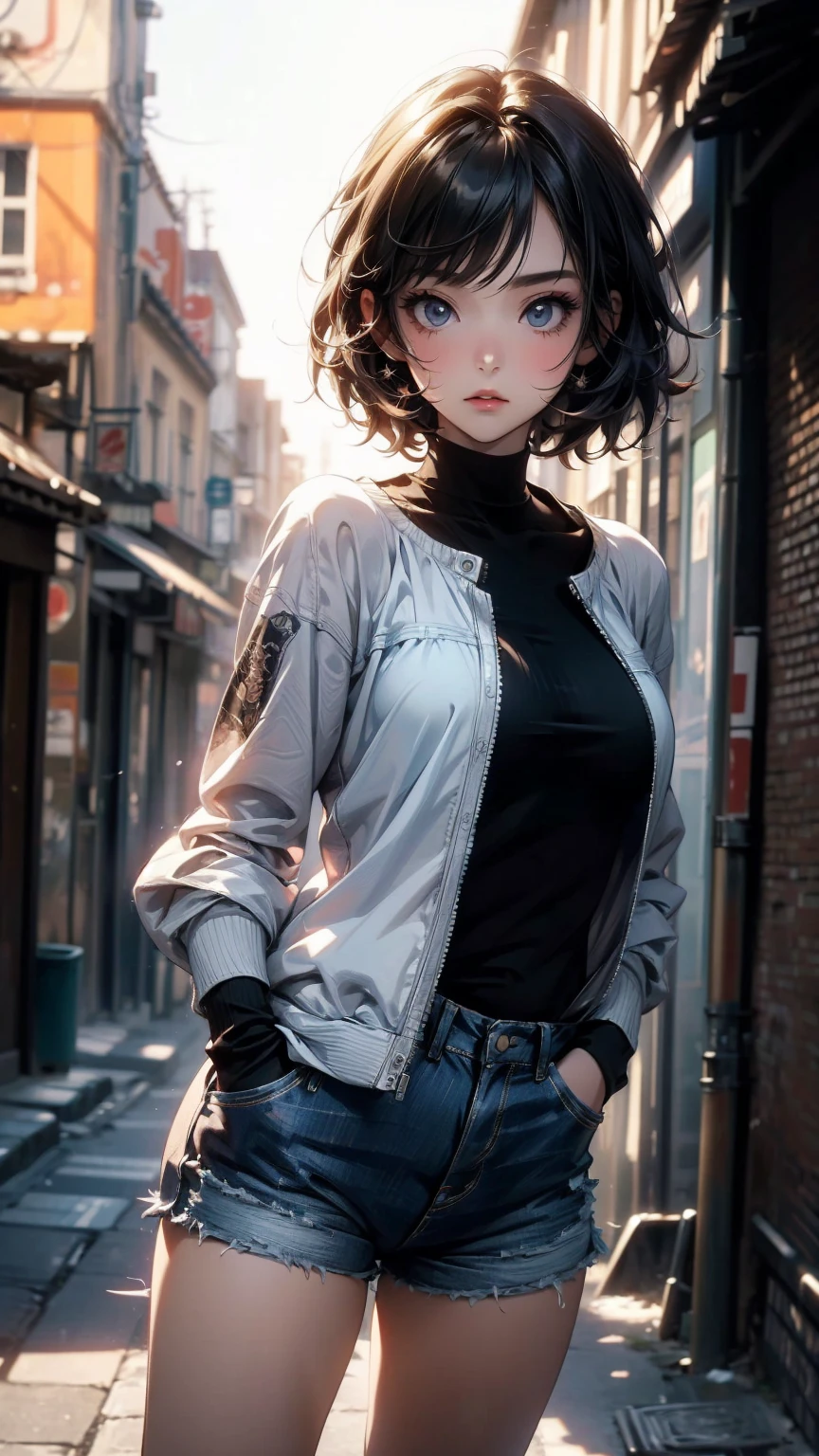 ((Highly detailed CG unit 8K wallpaper, masterpiece, High resolution, highest quality)), Structure from head to thighs:1.3, Upper body focus, 20-year-old woman, short hair, Avant-garde makeup, Hands in pockets pose:1.5, Blouson&Coordination of micro mini shorts, Blurred Background, A deserted back alley in Paris, Cinema Lighting, Anime Style, Simple lines, Digital Painting,