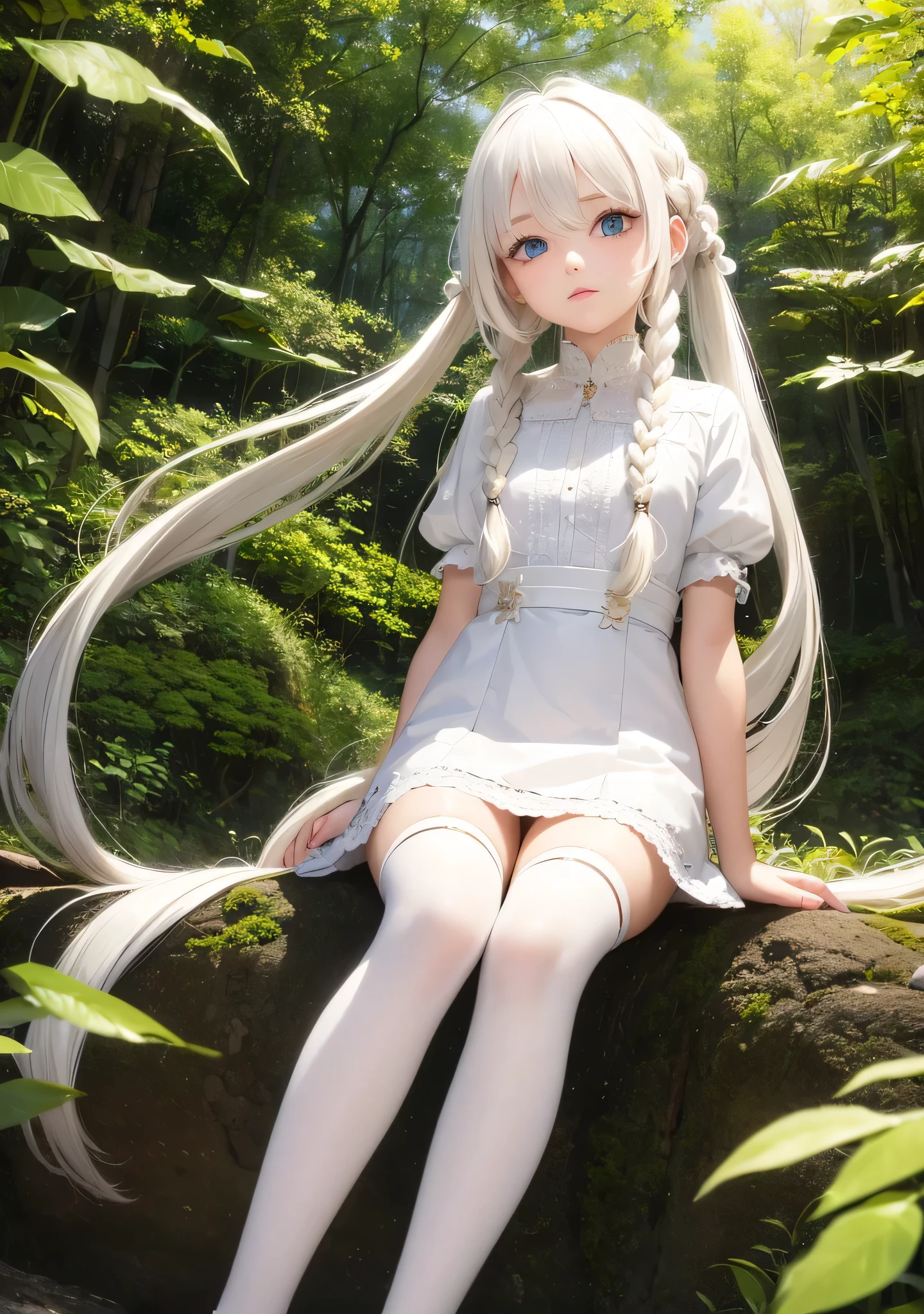 best quality, masterpiece, white hair, gold eyes, white clothes, looking up, hair strand, Fair skin, side braids, white stockings, stand in forest