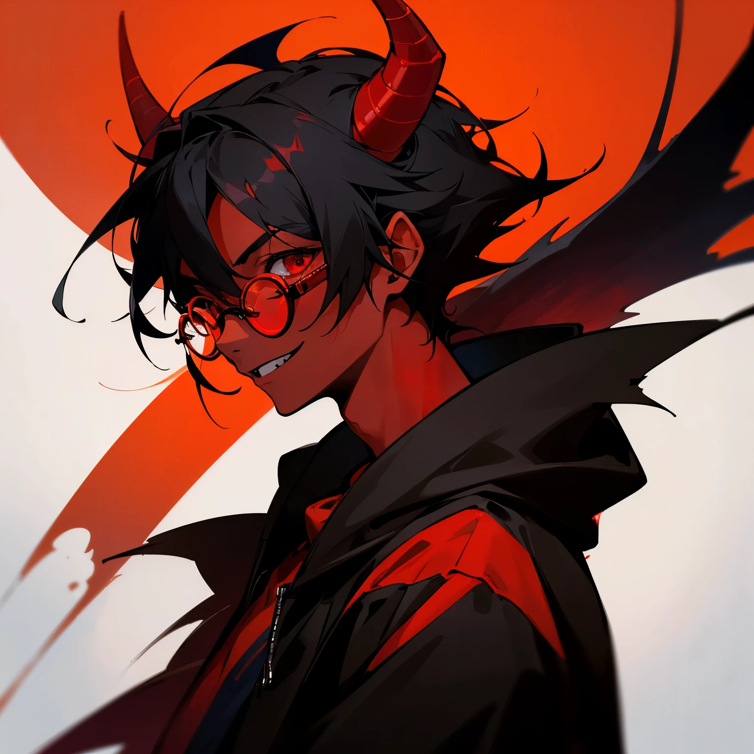 demon boy with red skin, twink boy, black hoodie, wearing circle glasses, red skin tone, smiling mischiveous, black messy hair, black haired, pitch black hair, black hoodie, demon horns, red skin tone, red skin, close up face, cropeed for profile picture