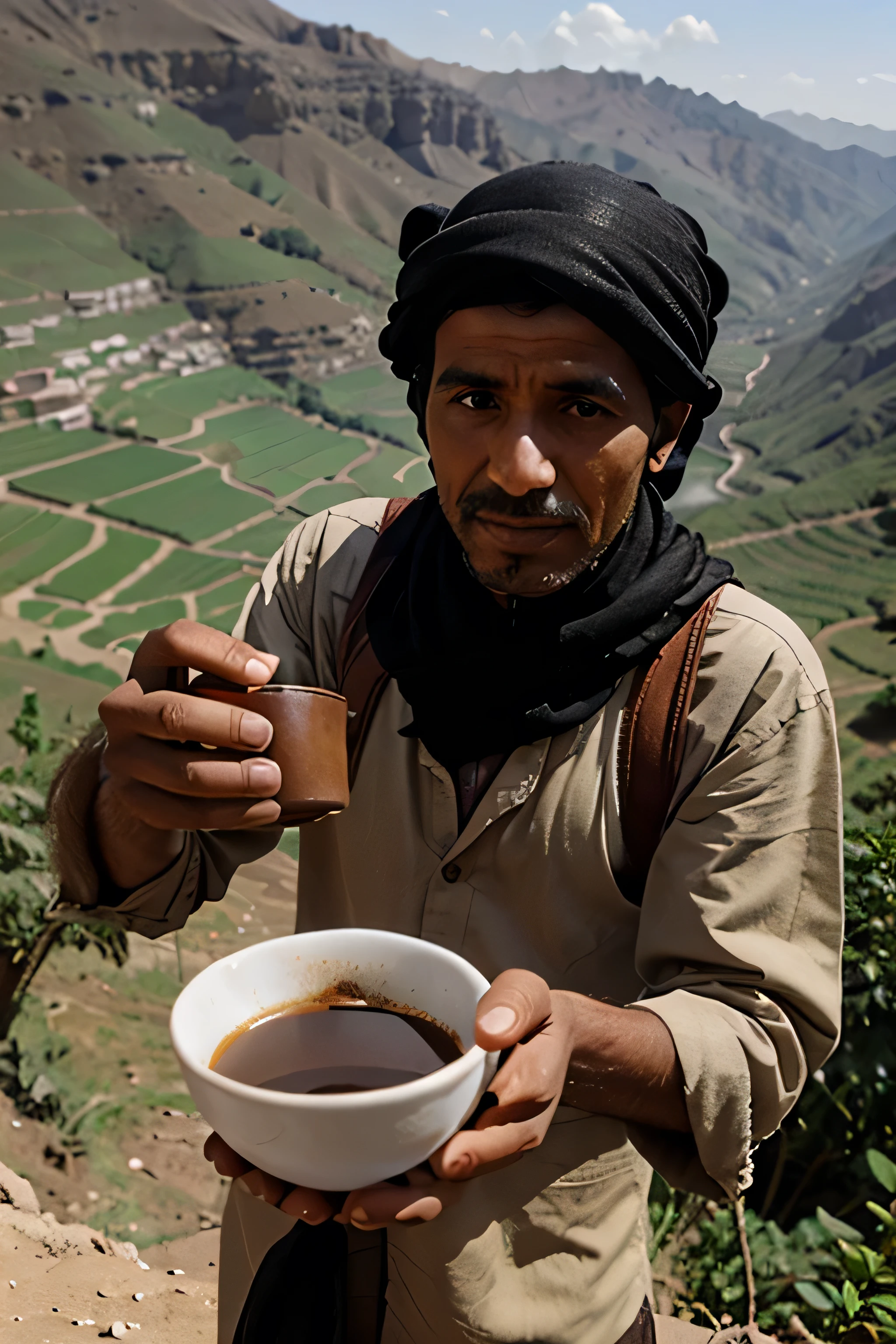 A picture of a Yemeni farmer with coffee beans high in the mountains of Yemen
