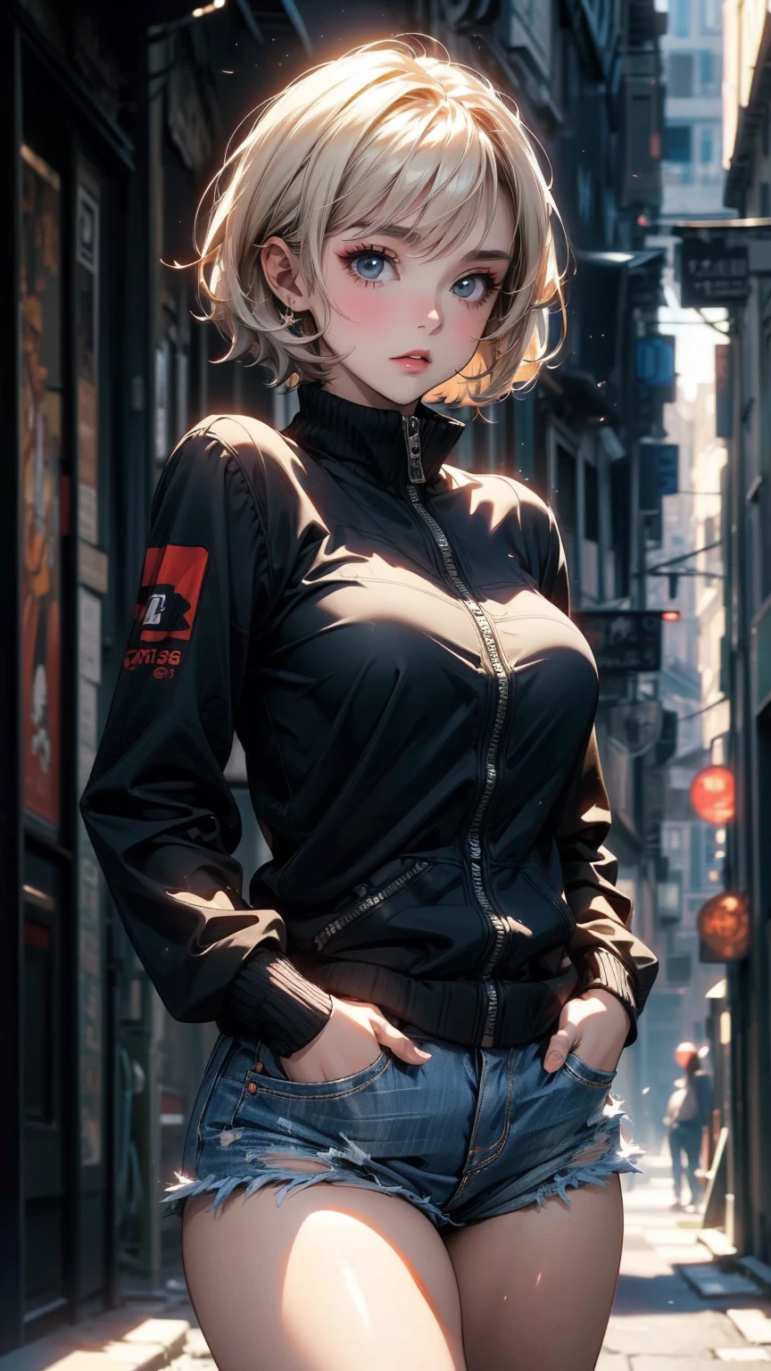 ((Highly detailed CG unit 8K wallpaper, masterpiece, High resolution, highest quality)), Structure from head to thighs:1.3, Upper body focus, 20-year-old woman, short hair, Avant-garde makeup, Hands in pockets pose:1.5, Blouson&Coordination of micro mini shorts, Blurred Background, A deserted back alley in Paris, Cinema Lighting, Anime Style, Simple lines, Digital Painting,