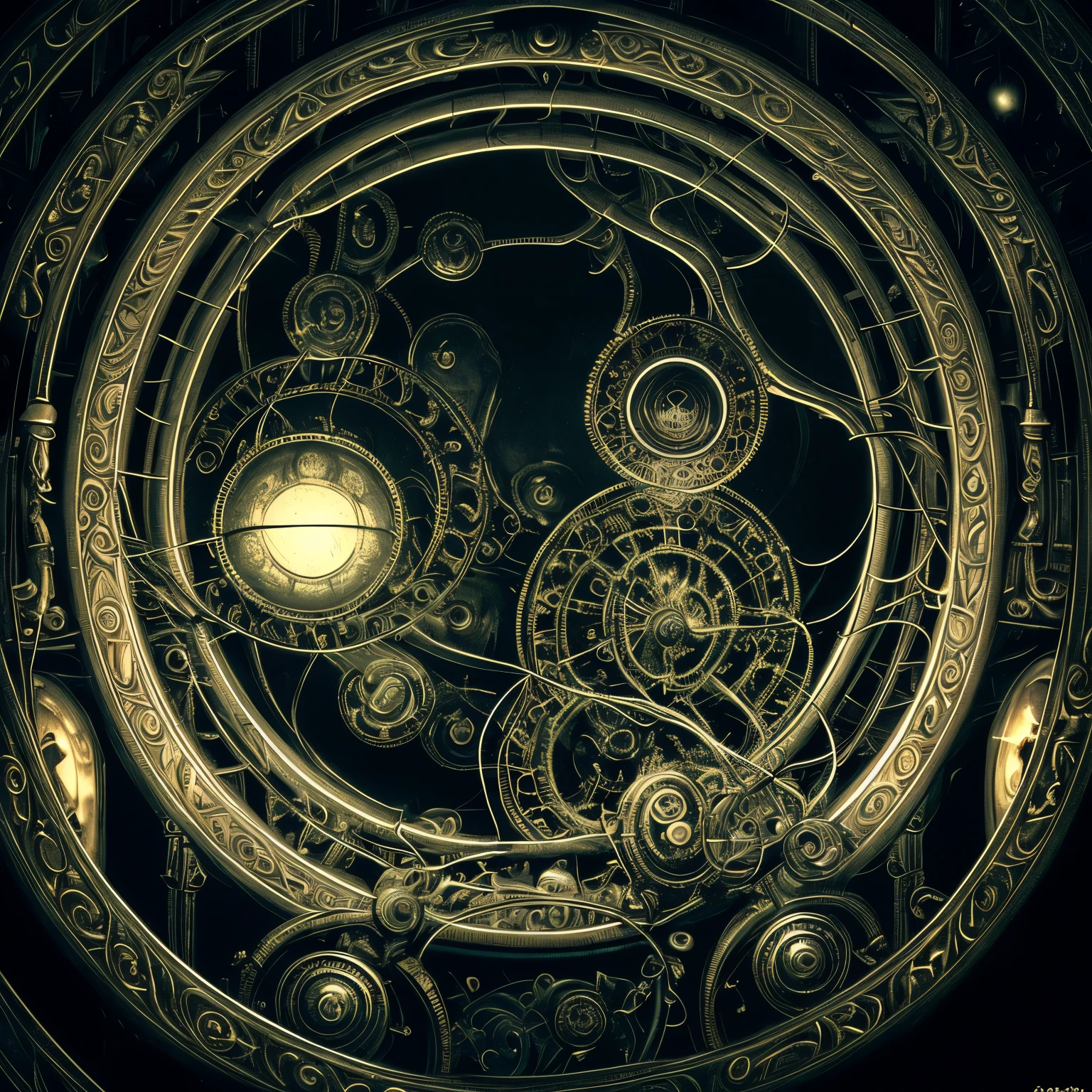 A beholder floating next to an automaton peacefully in the foreground with a incredibly complex and intricate network of cables arcing behind him, dark fantasy, dark atmosphere, atmospheric lighting, cinematic lighting, best angle, ultra-detailed, intricate, angle from side, beholder=1.6