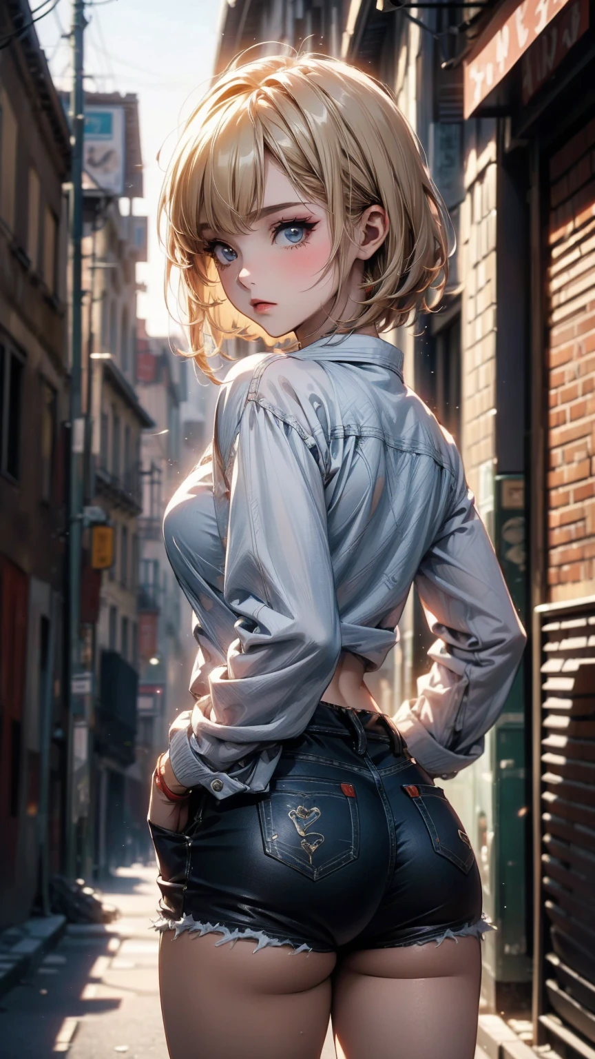 ((Highly detailed CG unit 8K wallpaper, masterpiece, High resolution, highest quality)), Structure from head to thighs:1.3, Upper body focus, 20-year-old woman, short hair, Avant-garde makeup, Hands in pockets pose:1.5, Blouson&Coordination of micro mini shorts, Blurred Background, A deserted back alley in Paris, Cinema Lighting, Anime Style, Simple lines, Digital Painting,
