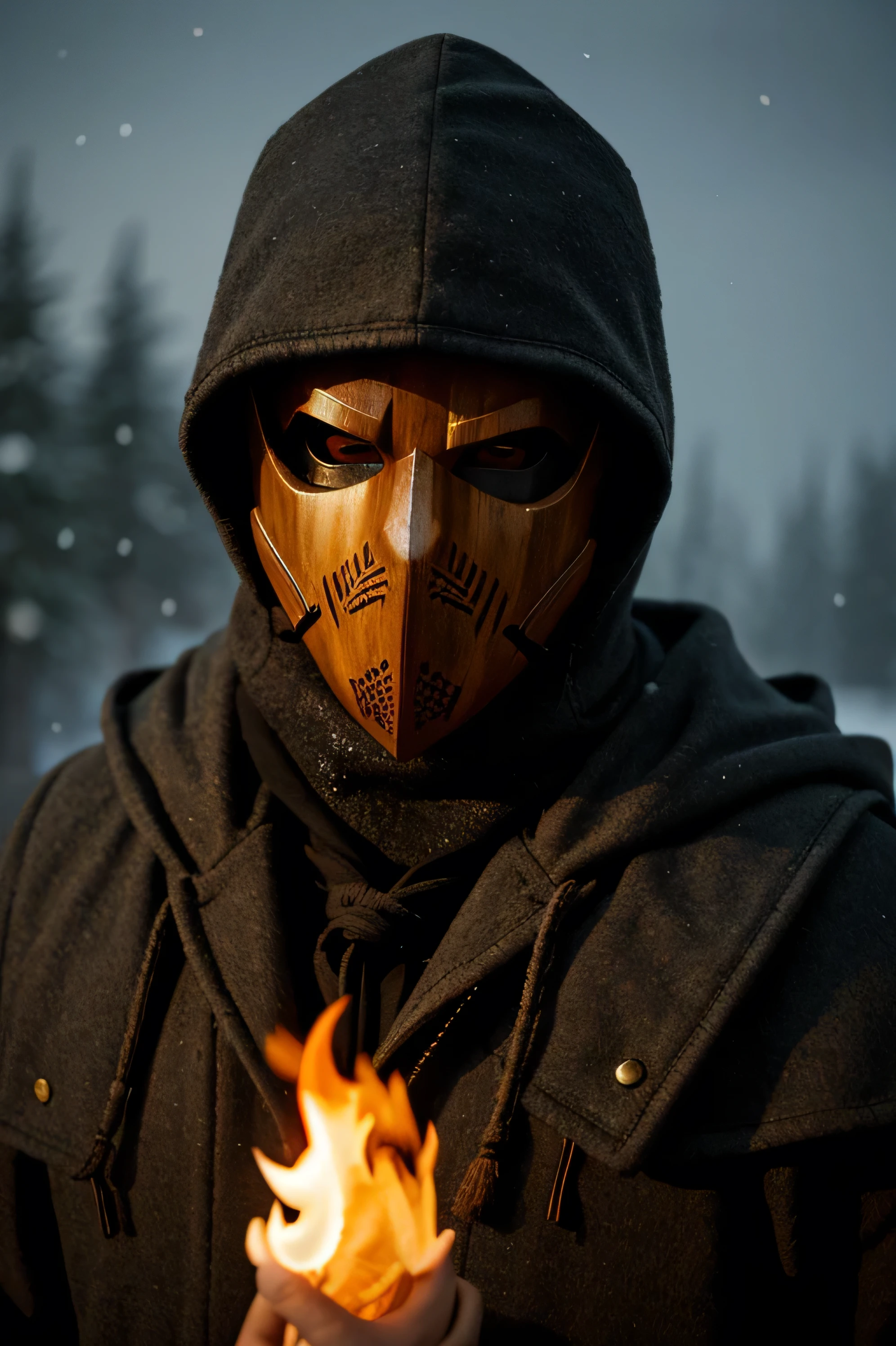 hyper realistic,staring the viewer,,eye contact,an men in overcoat with hood,elder,with a lowpoly mask,fire glowing eyes,(wooden mask),hand made mask,full face mask,,skyrim style,cooper,large shoulders,realistic fire,WINTER,THUNDER,DARK,NIGHT,IMPONENT LOOKING,SNOW FLAKES DROPPING, PARTICLES, REALISTIC WOOD TEXTURE DEPHT,SMALL MASK EYE APERTURE,PLAN MASK WITH PATTERNS,