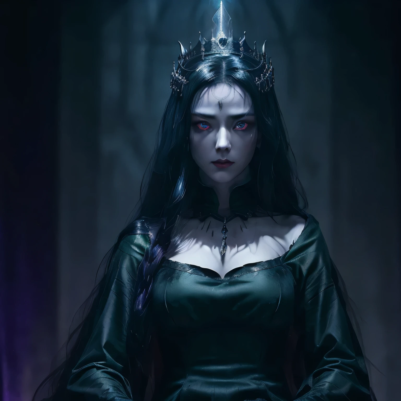 (best quality, high resolution, ultra-detailed), close up of A medieval scary and beautiful korean women, evil women, devil fantasy women, villian aura, full body, pale skin, (long dark hair) and crazy, (((blue and green dark eyes))), ((death eyes)), (heterochromy) dark and mysterious appearance, iron nails,(( black hair)) gothic aura, evil smile, powerfull presence, dark shadow, pale skin, frighteningly beautiful, frightening atmosphere, penetrating gauze, intense expression, shrouded in shadows, threatening aura, dressed in black and purple medieval dress, Tudor fashion, Tudor dress, princess dress, ((no crown on her head)), cold as ice, ((cold gaze)) frightening vibration, sinister presence, mystical background , distorted creativity, frighteningly elegant, mesmerizing presence, enchanted darkness, sinister vibration, devilish charm, fierce and powerful, ethereal beauty, , intoxicating allure, purple aura, grey aura, magical aura, imposing presence, medieval villian vibe, momzzang, ((20 years)) ((young and beautiful))