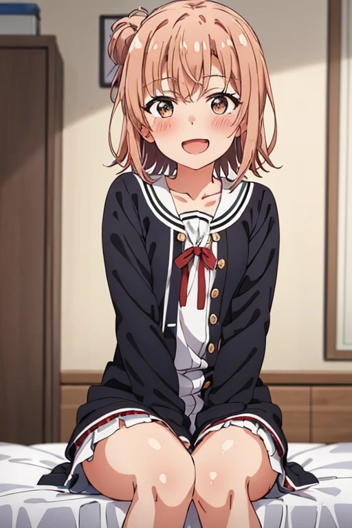 ((highest quality)), ((masterpiece)), (be familiar with), Perfect Face, indoor, Bedroom, Watching the audience,
One woman, Yuigahama Yui,
Open Mouth, Ecstatic expression, blush, smile,
Small breasts, Flat Chest, Young Girl, , , Girl,
Short Hair, Salmon-colored hair, Salmon-colored eyes, Side Pony,
Leg spread,