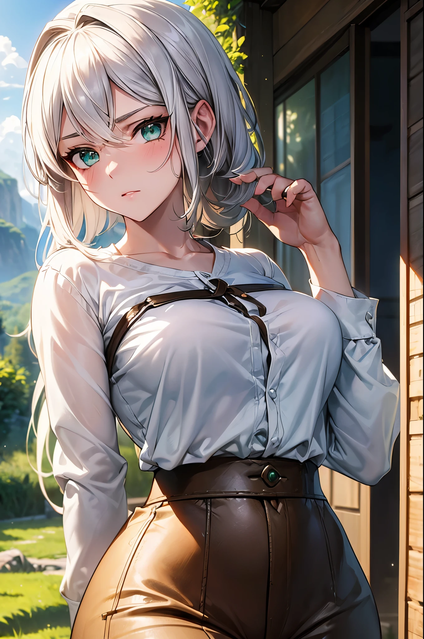 (masterpiece, best quality:1.2), expressive eyes, perfect face, highres, 1girl, solo, W3Ciri, white hair, green eyes, scar on face, white shirt, long sleeves, (brown pants), serious face, landscape, standing, upper body portrait, looking at the viewer