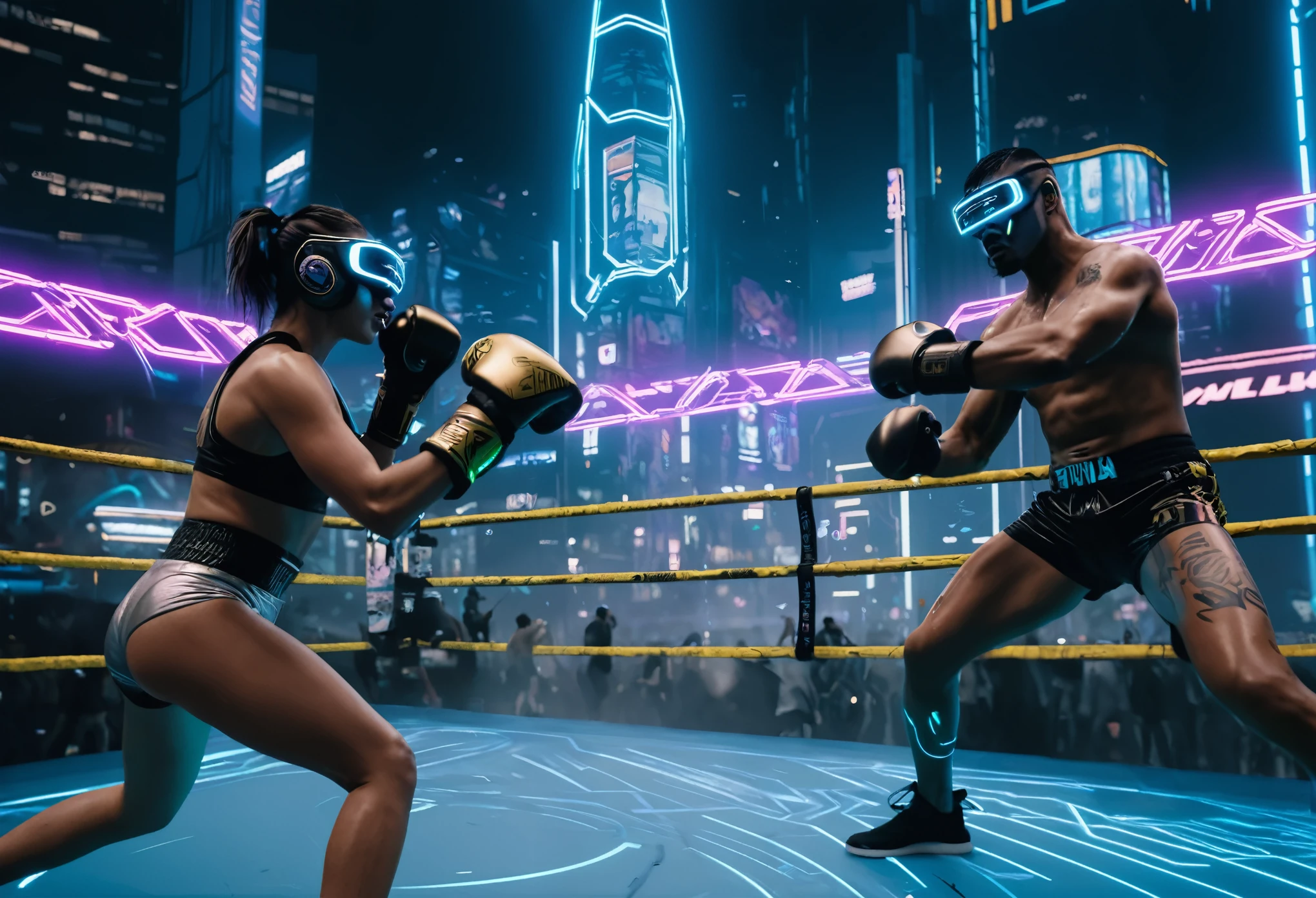 dog,Cyberpunk 2077 style,boxing match
(best quality,4k,8k,highres,masterpiece:1.2),ultra-detailed,(realistic,photorealistic,photo-realistic:1.37),
neon lights, futuristic cityscape, intense atmosphere, energetic and dynamic, dramatic poses, adrenaline rush,
metallic boxing ring surrounded by a crowd of augmented spectators,
dogs wearing high-tech cybernetic implants, glowing neon tattoos and augmented reality glasses, showing fierce determination,
boxers with sleek cybernetic enhancements on their arms and legs, emphasizing their strength and agility,
special effects like sparks, holographic projections, and augmented reality overlays,
fast-paced action with punch combos and dodging maneuvers, capturing the excitement of the boxing match,
high-tech and futuristic boxing gloves with built-in energy shields and neon lights,
gritty and industrial textures, contrasting with vibrant neon colors, creating a captivating visual contrast,
dramatic camera angles and perspective, capturing the intensity of every punch and movement,
a mix of cyberpunk and athletic aesthetics, blending futuristic technology with the raw energy of sports,
the sound of crowds cheering and electronic music pumping in the background, immersing the audience in the cyberpunk atmosphere,
detailed facial expressions and emotions of both the boxers and the dogs, reflecting their determination and passion,
the iconic cyberpunk cityscape as the backdrop, with towering skyscrapers, holographic advertisements, and flying vehicles,
emphasizing the fusion of technology and athleticism in a futuristic world.