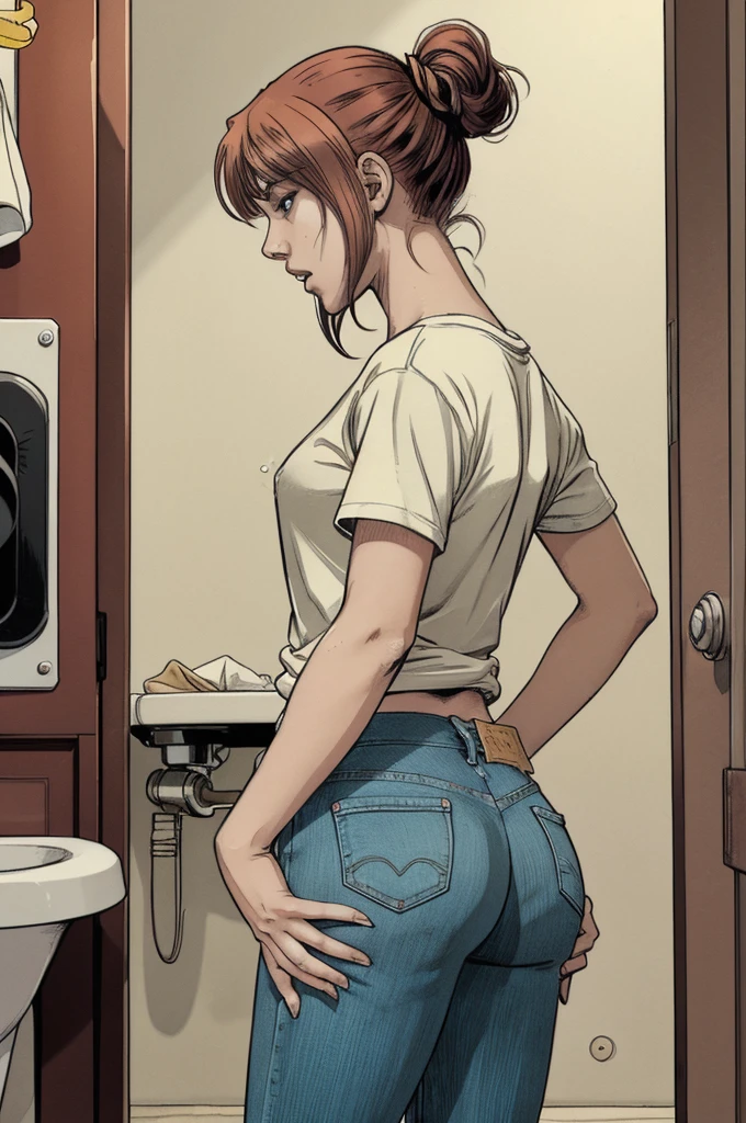 vector image, 2d cartoon,masterpiece, public cramped toilet stall,An anime blushed woman, colored hair, masturbate, dry humping, t-shirt, unbuttoned jeans, simulates intercourse:1.2, gloomy ecstasy, sweat, masturbate, touch herself in sensual places,from side view