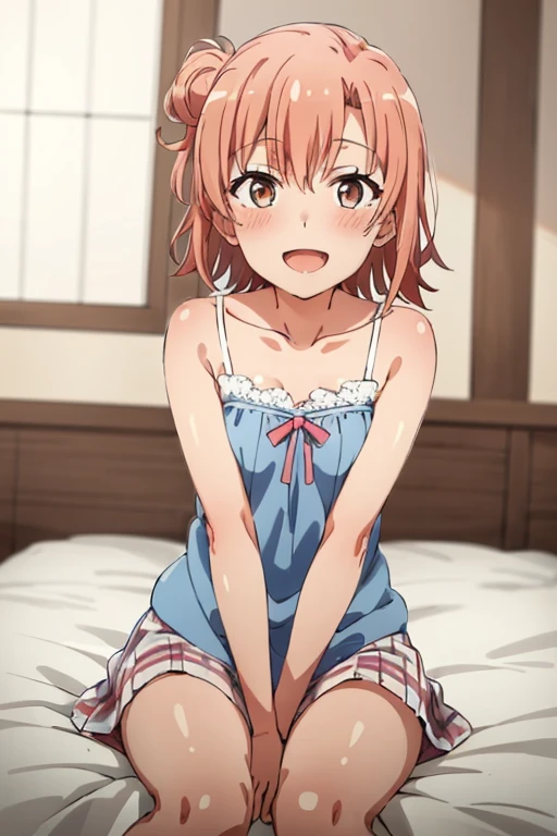 ((highest quality)), ((masterpiece)), (be familiar with), Perfect Face, indoor, Bedroom, Watching the audience,
One woman, Yuigahama Yui,
Open Mouth, Ecstatic expression, blush, smile,
Small breasts, Flat Chest, Young Girl, , , Girl,
Short Hair, Salmon-colored hair, Salmon-colored eyes, Side Pony,
Leg spread,