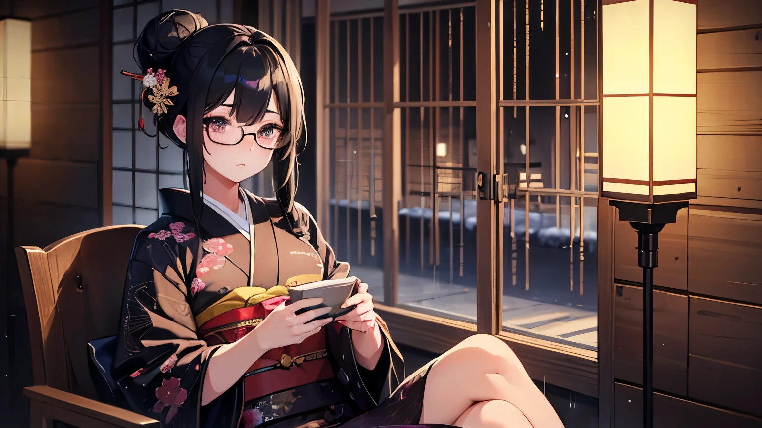 (1girl:1.3), Masterpiece, Best quality, amazing beauty, [[3D]], 4K, absurdres, finely detail, super detailed eye, perfect ???????, official art, A beautiful girl looking into the distance in a traditional Japanese cafe, Warm lighting, Wearing a kimono, A kimono with a vividly colored pattern, Outside, the rain is falling quietly, Japanese anime style, hair bun, black hair, super shiny detailed black eye, pale skin, detailed skin, evening,Glasses,　Sitting in a chair, Shooting the whole picture from a distance, Dark Eyes, Relaxed atmosphere, Lo-fi, Hands are down