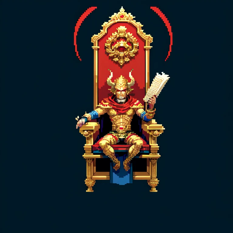 (masterpiece, top quality, best quality), pixel,pixel art,1man,demon lord,red cape,throne, full body,