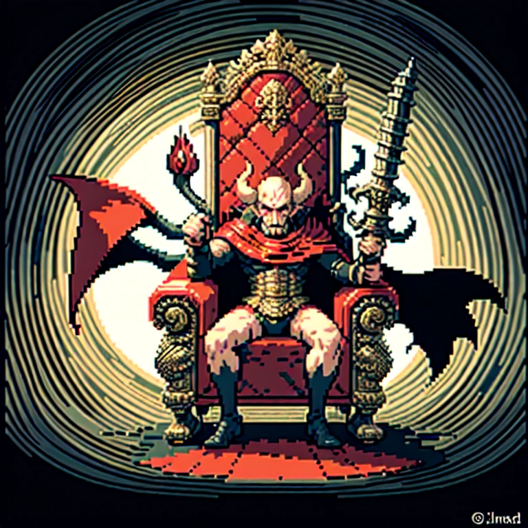(masterpiece, top quality, best quality), pixel,pixel art,1man,demon lord,red cape,throne, full body,