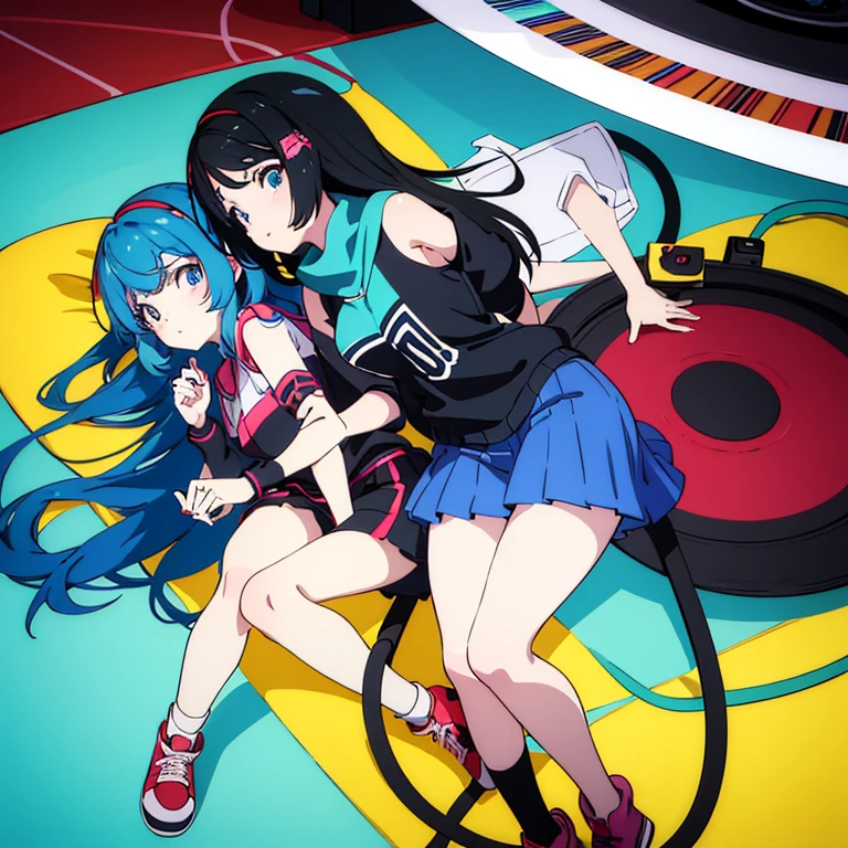 two anime girls in headphones are playing music on a turntable, anime vibes, anime style 4 k, ig studios anime style, nightcore, 8 0 s anime vibe, anime girls, anime style. 8k, lofi artstyle, dj sura, anime moe artstyle, anime style illustration, trending on cgstation, anime style artwork, e-girl running awakening