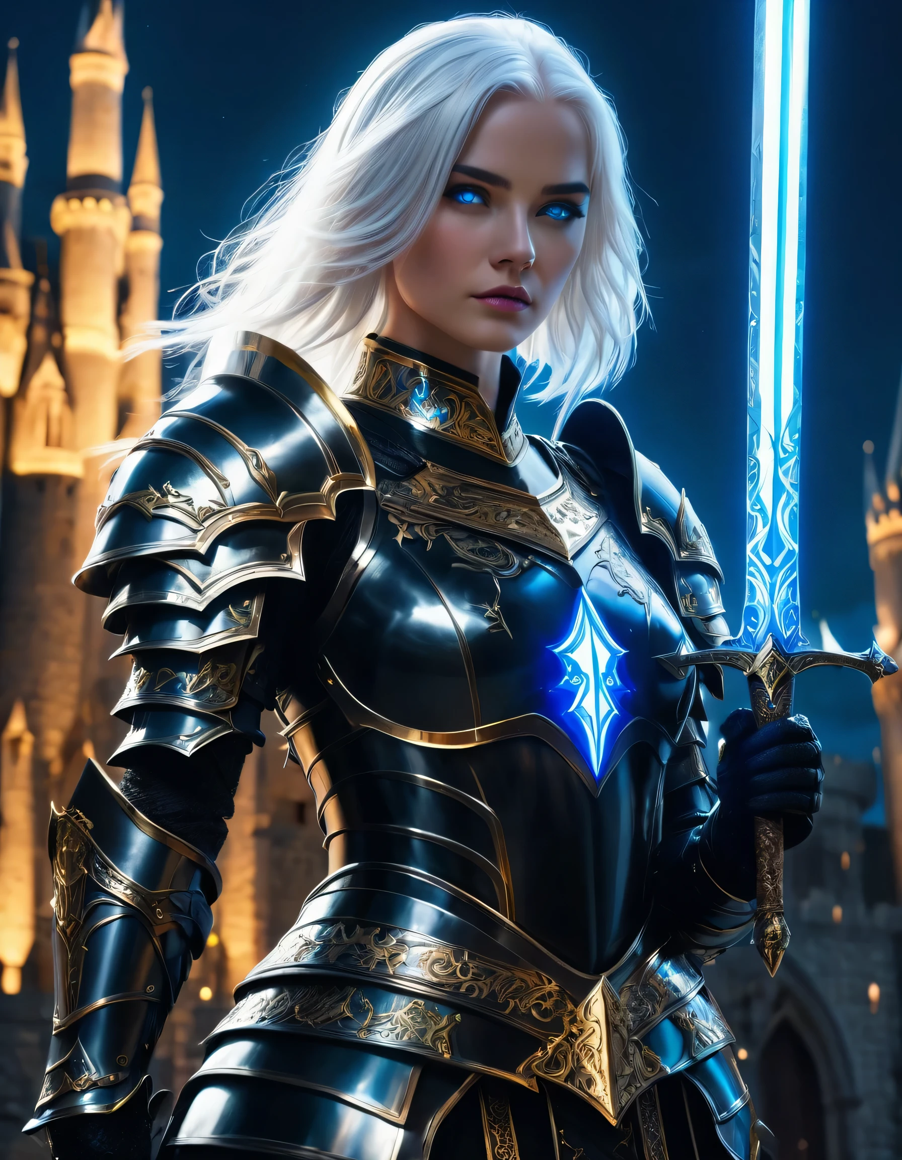 Cinematic shot of a female knight wearing a super luxurious black armor with gold incrustation, beautiful super white hair, neon blue glowing eyes, holding blue glowing sword, sword pointing straight up in middle, fantasy castle in background, reflective light, HKStyle, HD, masterpiece, best quality, hyper detailed, ultra detailed, super realistic