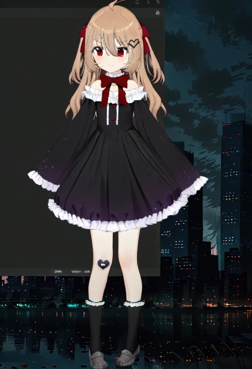 1girl, evil neuro-sama, (yuzu modoki), red eyes, light brown hair, ahoge, two side up, hair ribbon, dark red ribbon, heart hair ornament, black dress, frilled dress, off-shoulder dress, bare shoulders, frilled choker, long sleeves, red bow, red buttons, black heart, black socks, frilled socks, grey footwear, loafers, (masterpiece, best quality), highly detailed, finely detailed, natural lighting, cityscape, skyline, detailed scenery, (3d render:0.7), skirt lift,