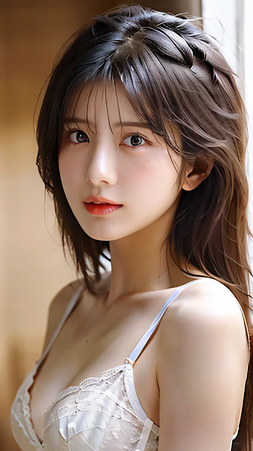 Girls in their 20s, Realistic Shadows, Detailed skin, Very small breasts, Black Hair, Very detailed, Very detailed face in 8k, perfect face shape, Perfect Lips, Perfect Nose, Correct beautiful eyes, Audience, White shirt, Hair Flowers, masterpiece, highest quality, Single woman, No bra, No panties, alone