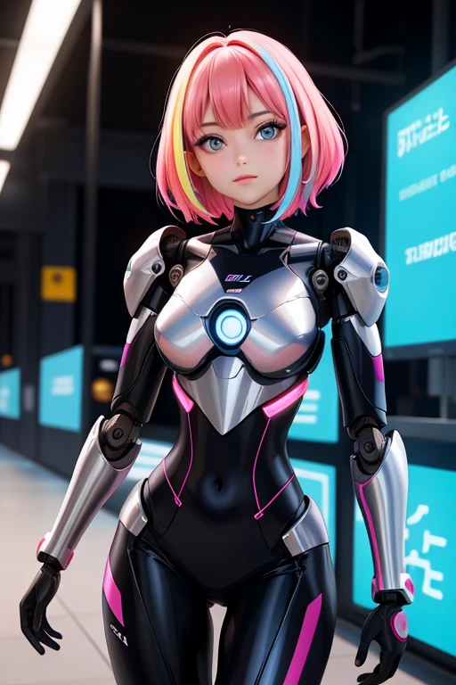 Une femme, 25 ans, mangas, cheveux longs, cheveux multicolores, beaucoup de Détails, monde futuriste, Neon lights, armure robotique
