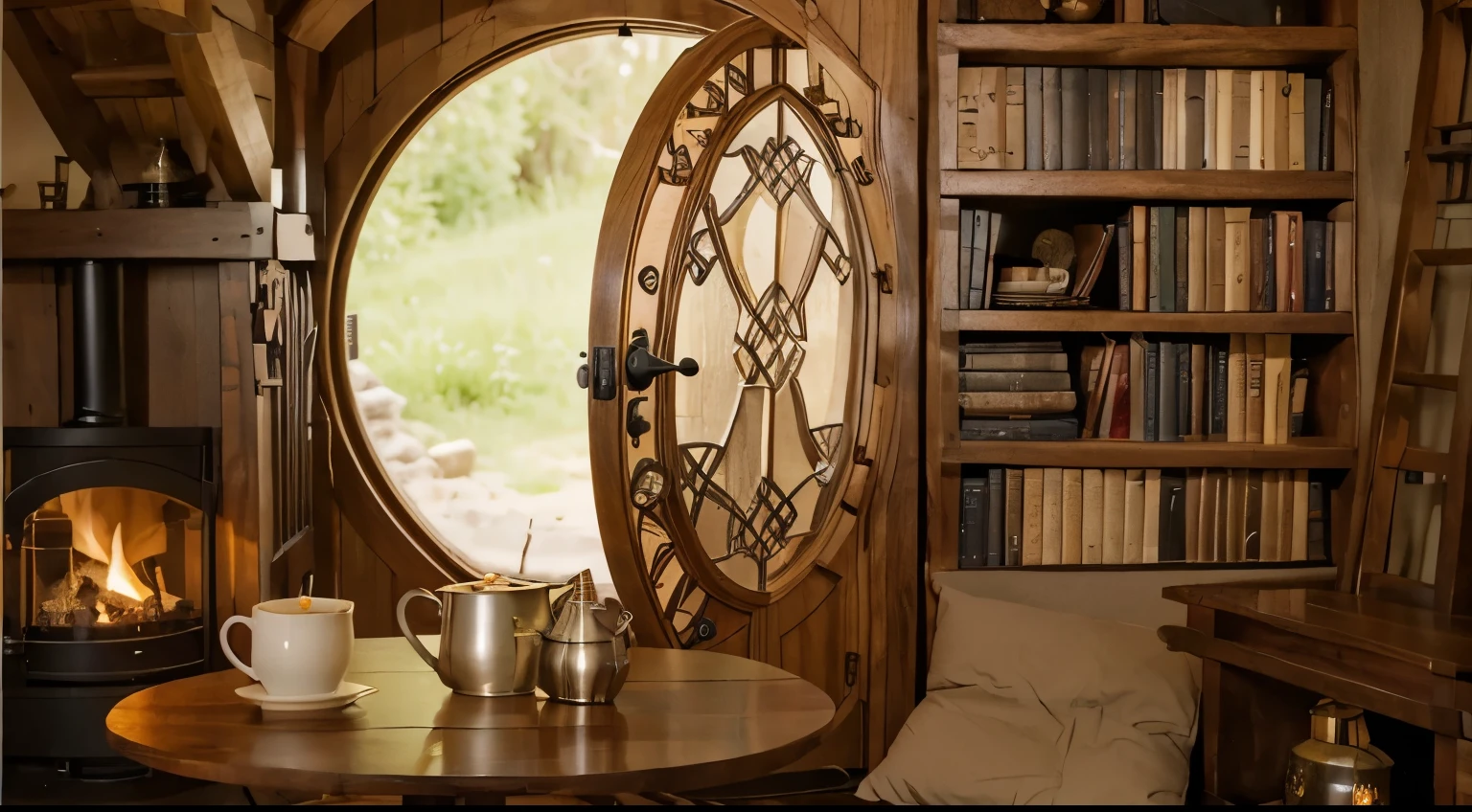 a cozy hobbit hideout, a large hoobit rounded door, a table with cup, coffee can a candle, a cozy bed, two side fireplaces, a bookshelf, a pretty celtic woodwork