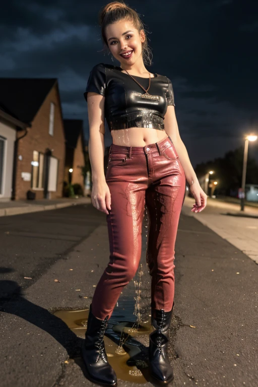 anime, highres, beautiful women, high detail, good lighting, lewd, hentai, (no nudity), (((jeans))), ((tight leather top)), (((leather boots))), bare midriff, ((wet crotch)), (((peeing herself))), (((wetting herself))), ((((peeing self))), (pee streaming down legs), peeing stain, (puddle), (thick thighs), nice long legs, lipstick, detailed face, pretty face, hair tied up, smiling invitingly, ((on sidewalk at night)), high heels, ((standing)), shins of jeans are soaked with pee, pee bulges out onto hips