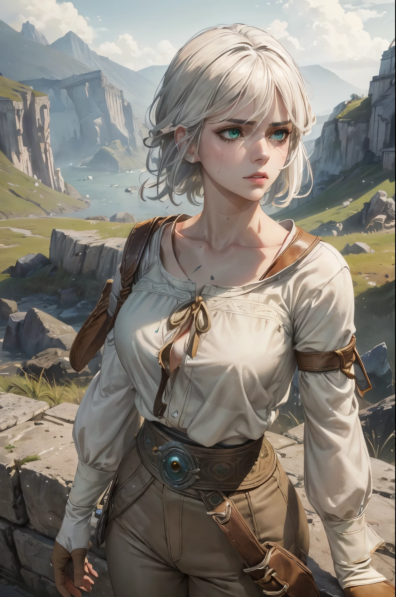 (masterpiece, best quality:1.2), expressive eyes, perfect face, highres, 1girl, solo,  W3Ciri, white hair, green eyes, scar on face, white shirt, long sleeves, (brown pants), brown gloves, serious face, landscape, standing, upper body portrait, looking at the viewer