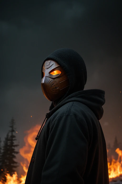 hyper realistic,staring the viewer,,eye contact,an men in overcoat with hood,elder,FACETED MASK,fire glowing eyes,(wooden mask),hand made mask,full face mask,,skyrim style,cooper,large shoulders,realistic fire,WINTER,THUNDER,DARK,NIGHT,IMPONENT LOOKING,SNOW FLAKES DROPPING, PARTICLES, REALISTIC WOOD TEXTURE DEPHT,SMALL MASK EYE APERTURE,PLAN MASK WITH PATTERNS,